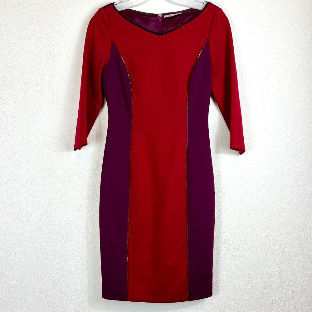T TAHARI DRESS SIZE 2  COLORS: BURGUNDY AND MAROON  3/4 SLEEVES FITTED